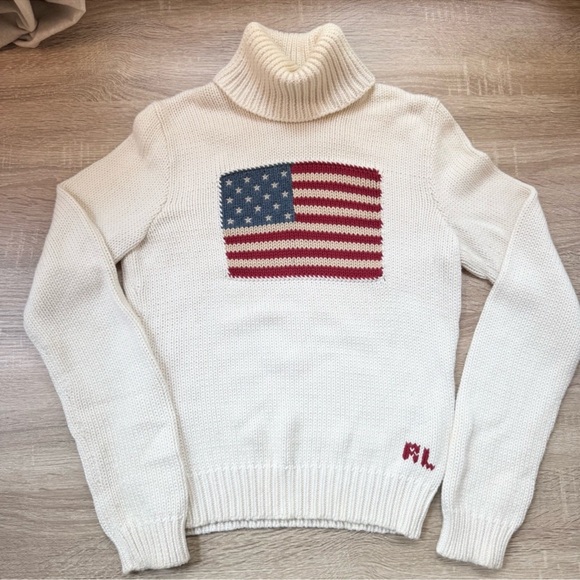 Ralph Lauren Sweaters - Vintage Ralph Lauren Sport American Flag Turtleneck Sweater Cream Hong Kong
